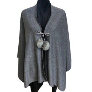 Marc New York Gray & Black Cape with Faux Fur Pompoms One Size